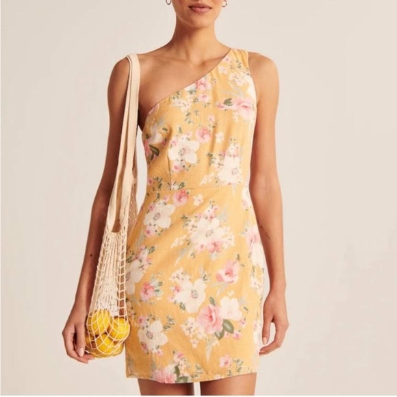 NWT, A&F, Medium, Yellow, Floral, one-shoulder dress - Picture 1 of 4